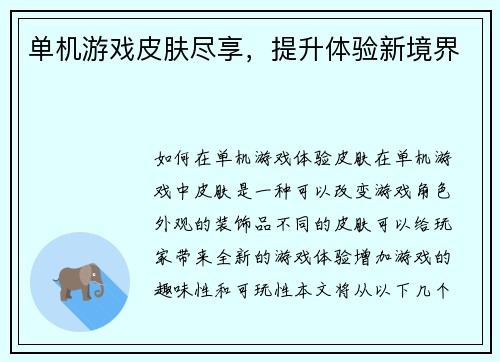 单机游戏皮肤尽享，提升体验新境界
